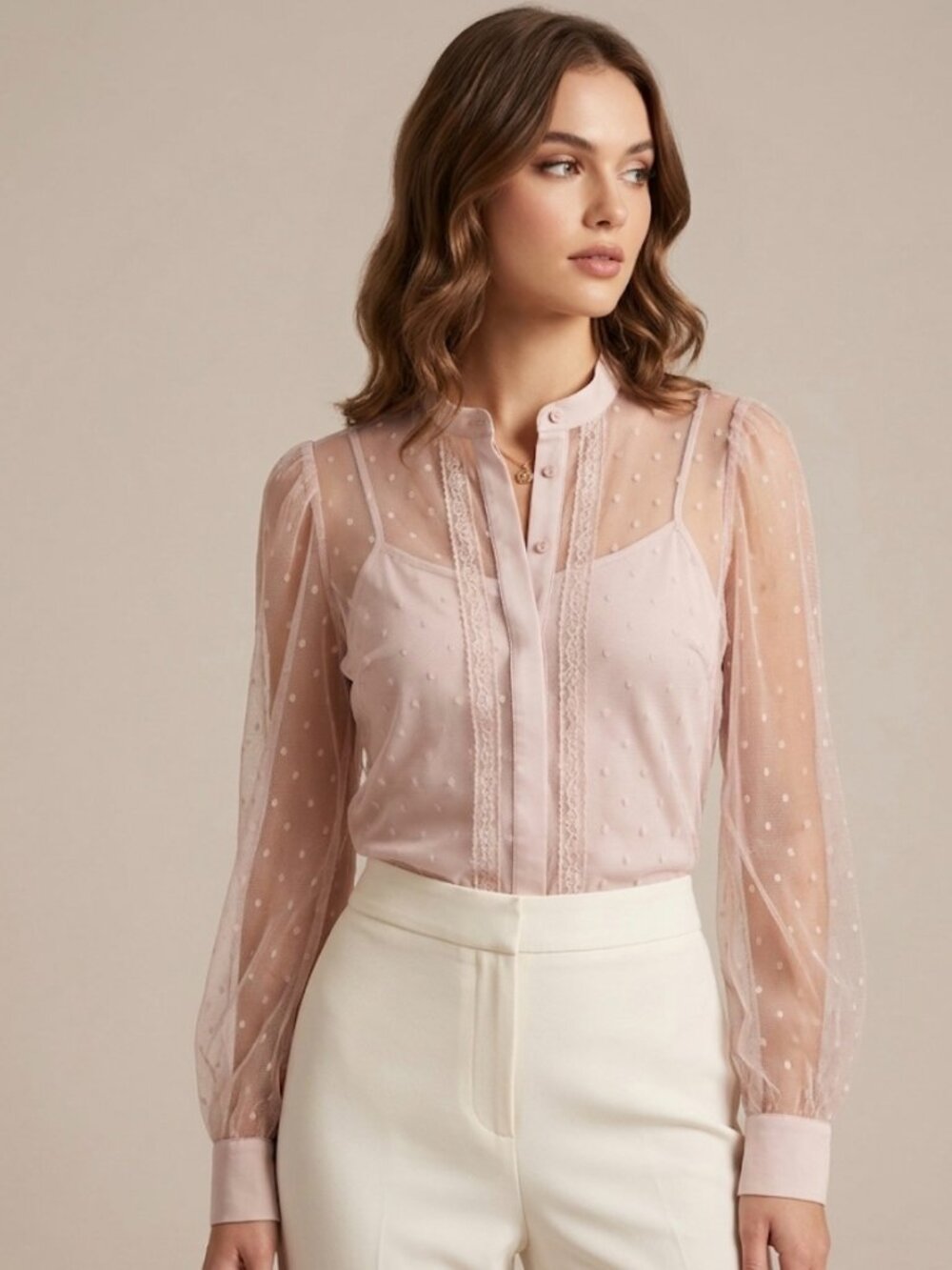 Express Pink Sheer Mesh Lace Long Sleeve Button Down Blouse - Size M